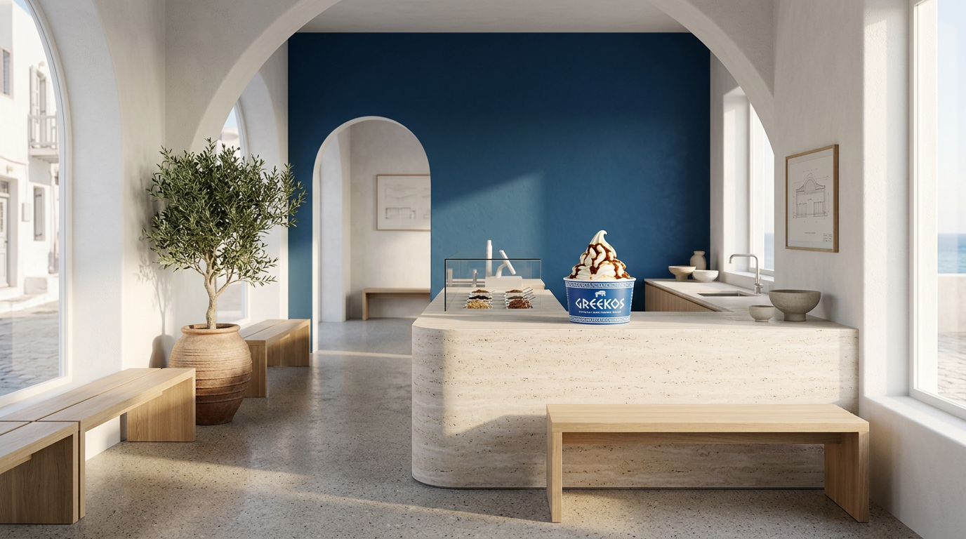 Interior de boutique mediterránea minimalista con acentos azul Egeo