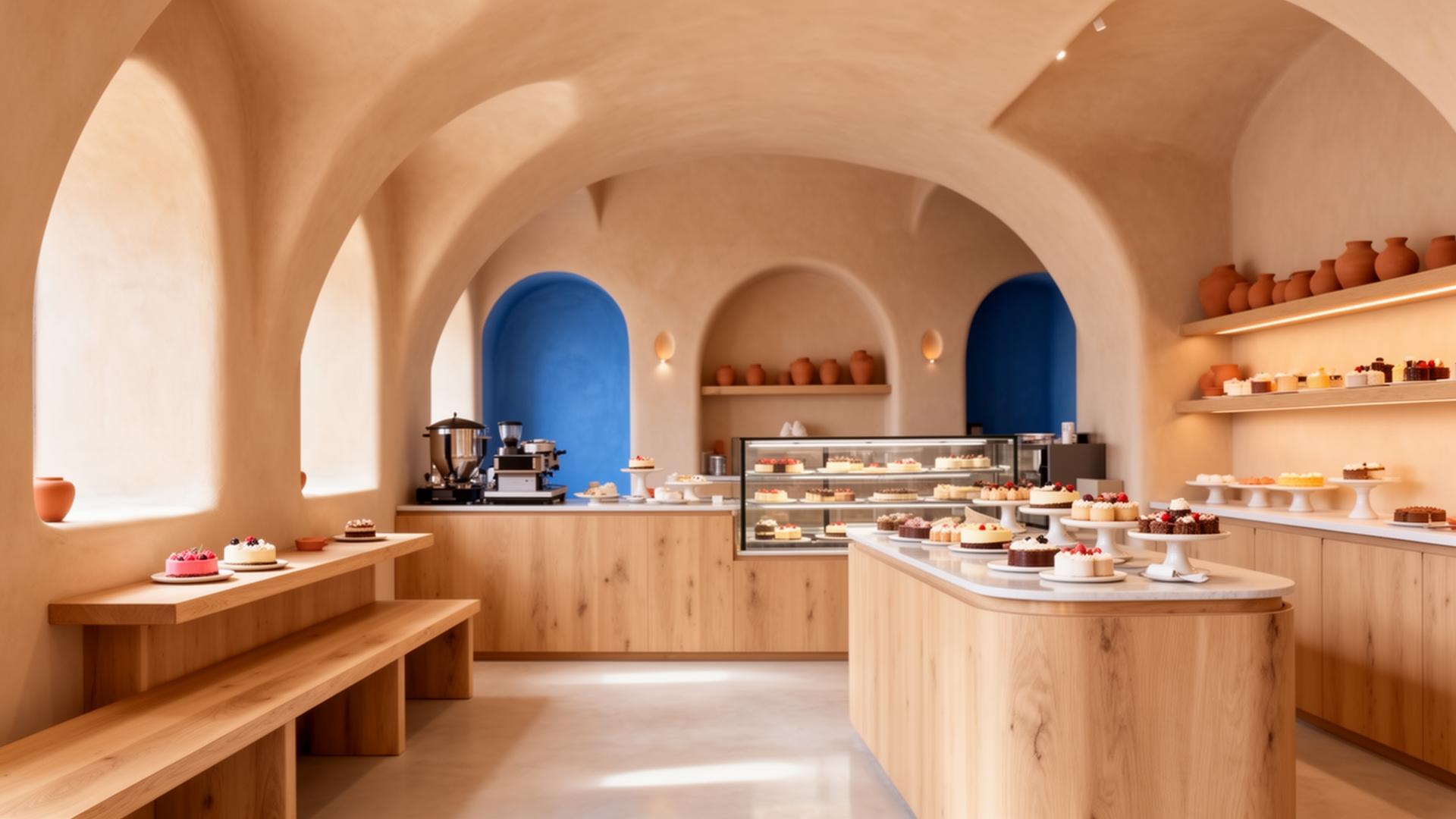 Interior de boutique mediterránea minimalista con acentos azul Egeo